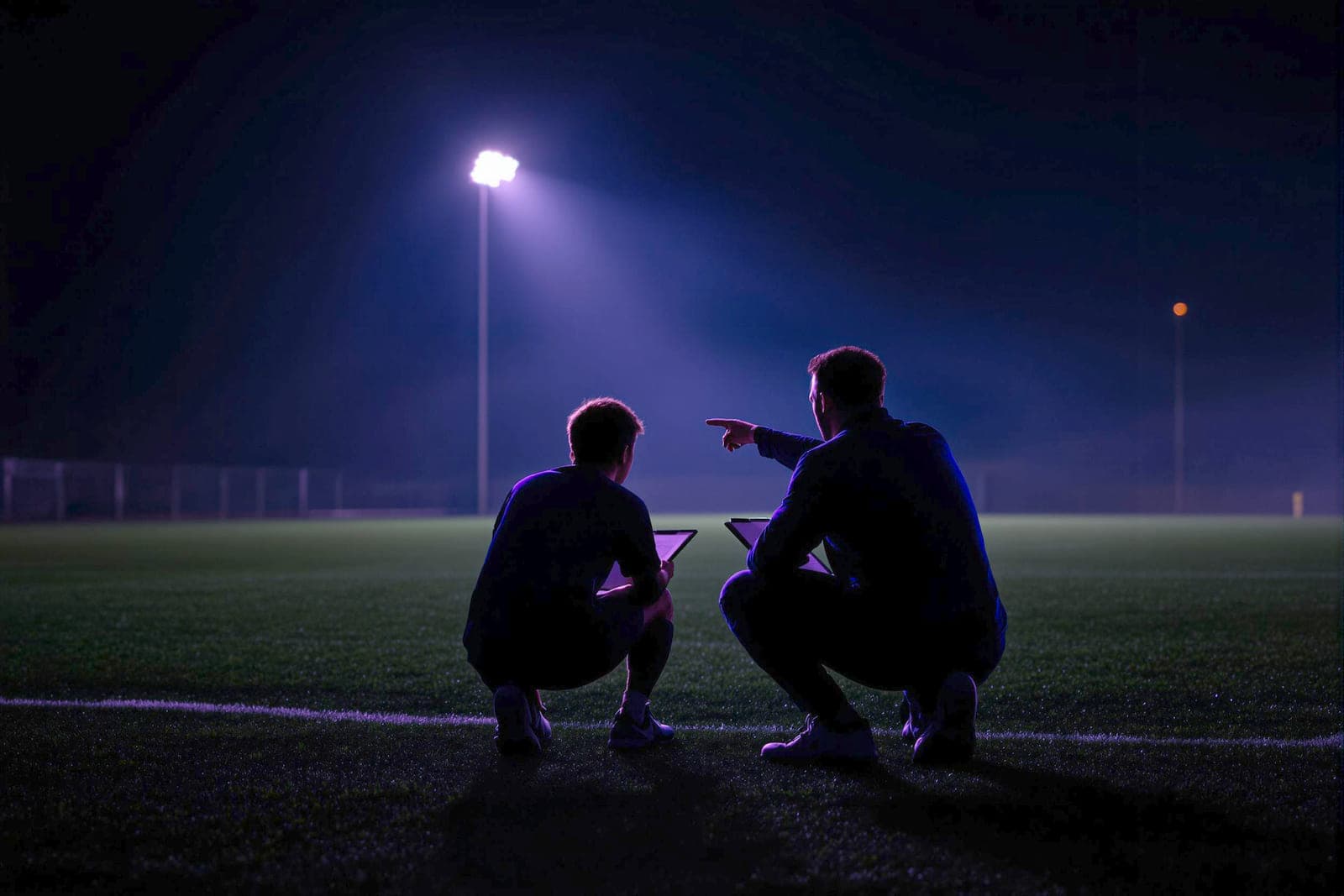 مدرب يجثو بجانب لاعب صغير عند طرف ملعب معتم.