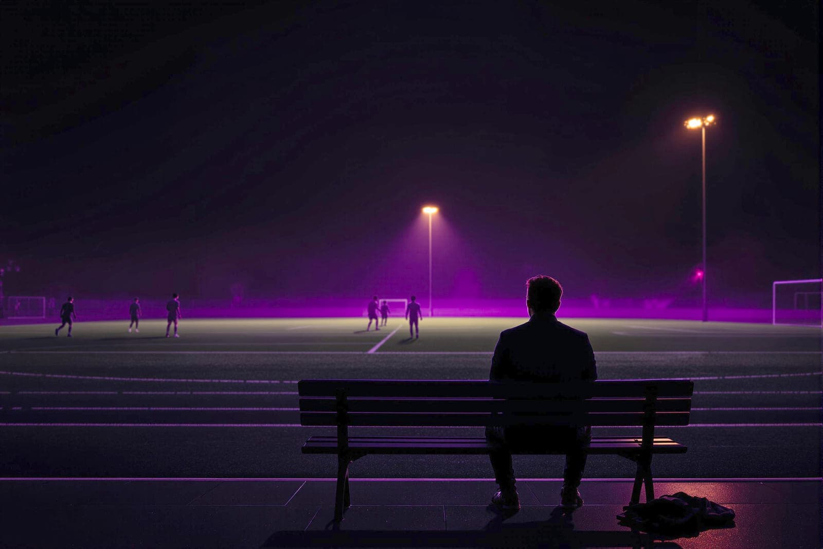 A parent alone on a touchline bench watching a floodlit pitch.